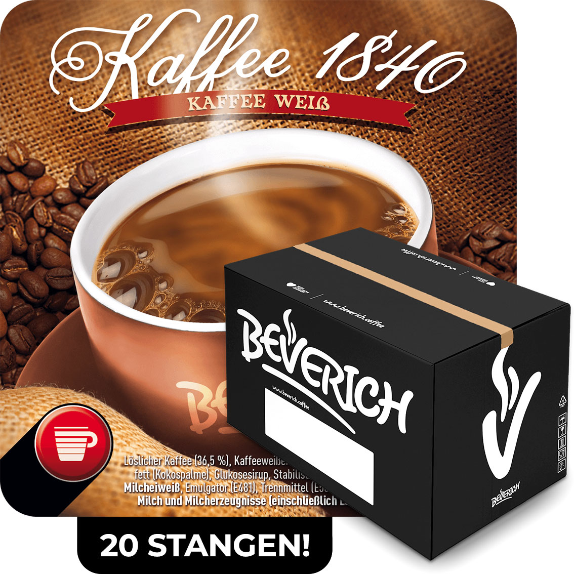 Das ist ein Karton, gefüllt mit InCup Bechern des Kaffees 1840 weiß, von unserer Marke Beverich.