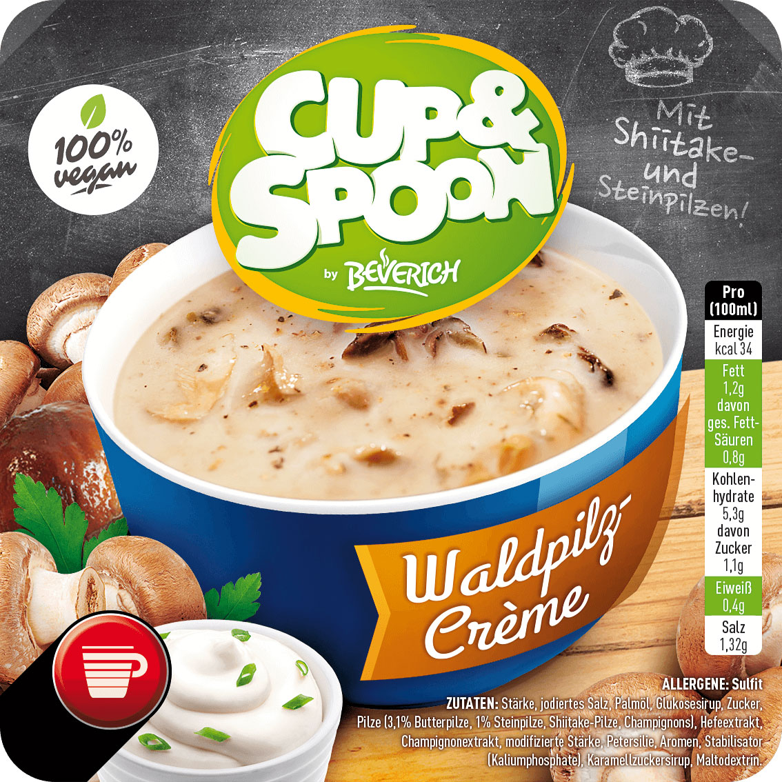 Das ist eine Schüssel, gefüllt mit der InCup Suppe Waldpilz-Cremè unserer Marke, Cup & Spoon.