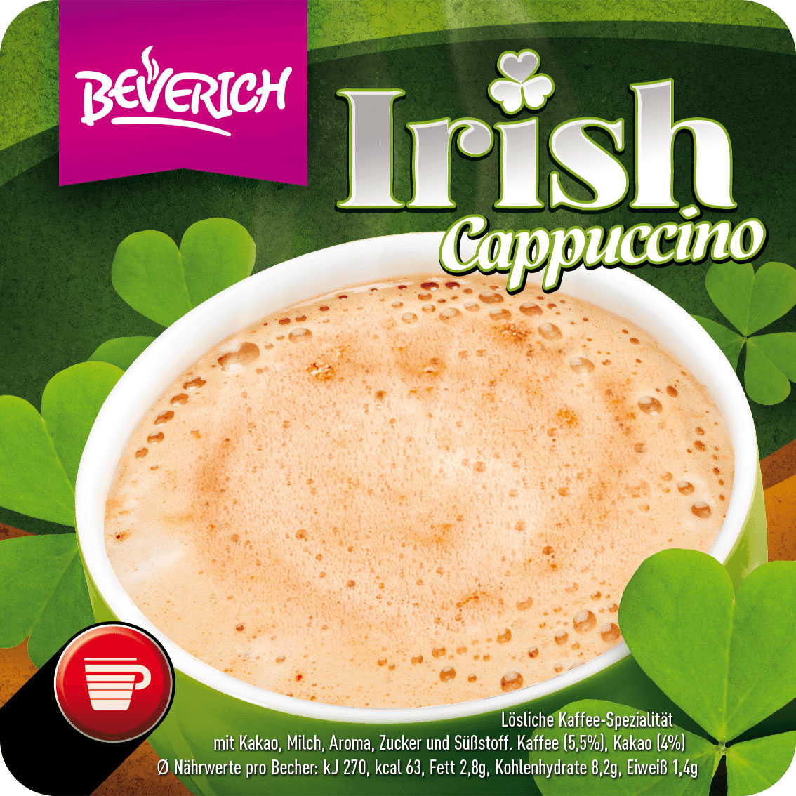 Das ist eine Tasse, gefüllt mit dem InCup Irish Cappuccino unserer Marke, Beverich.