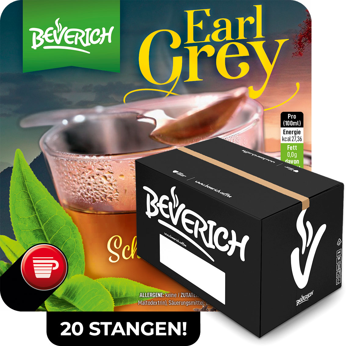 Das ist ein Karton, gefüllt mit InCup Bechern des Tees Earl Grey unserer Marke, Beverich.