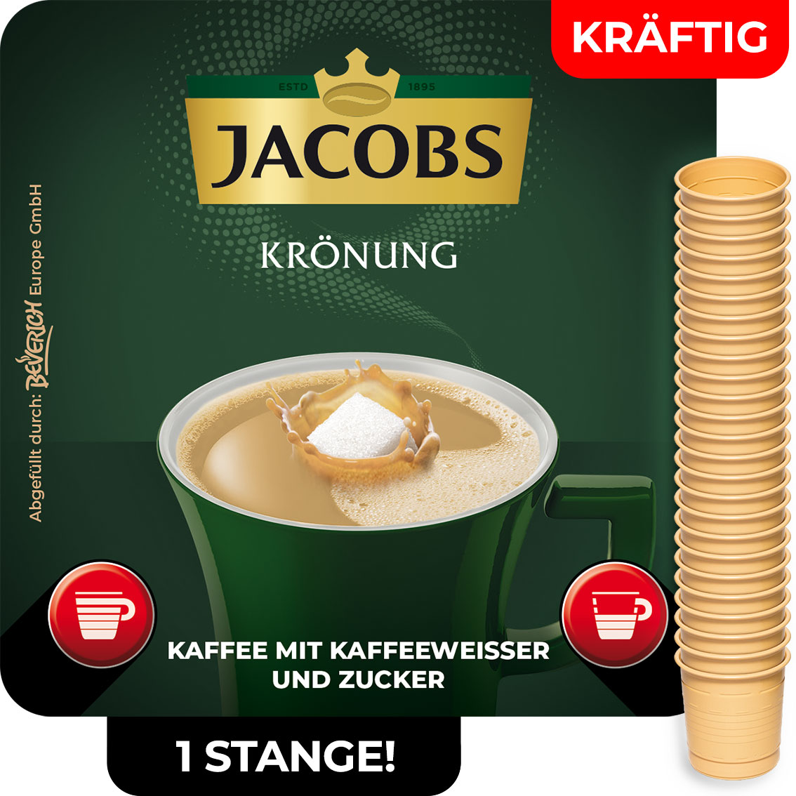 Das ist eine Stange, bestehend aus den InCup Bechern des kräftigen Kaffees Jacobs Krönung weiß mit Zucker.