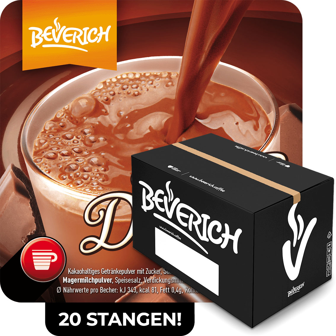 Das ist ein Karton, gefüllt mit InCup Bechern des Kakaos Choco Dream unserer Marke, Beverich.