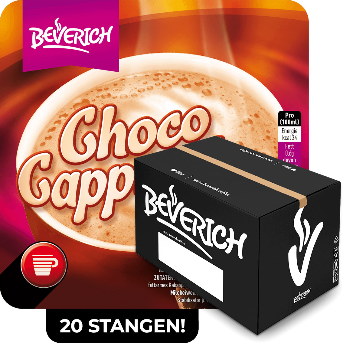 Das ist ein Karton, gefüllt mit InCup Bechern des Choco Cappuccinos unserer Marke, Beverich.