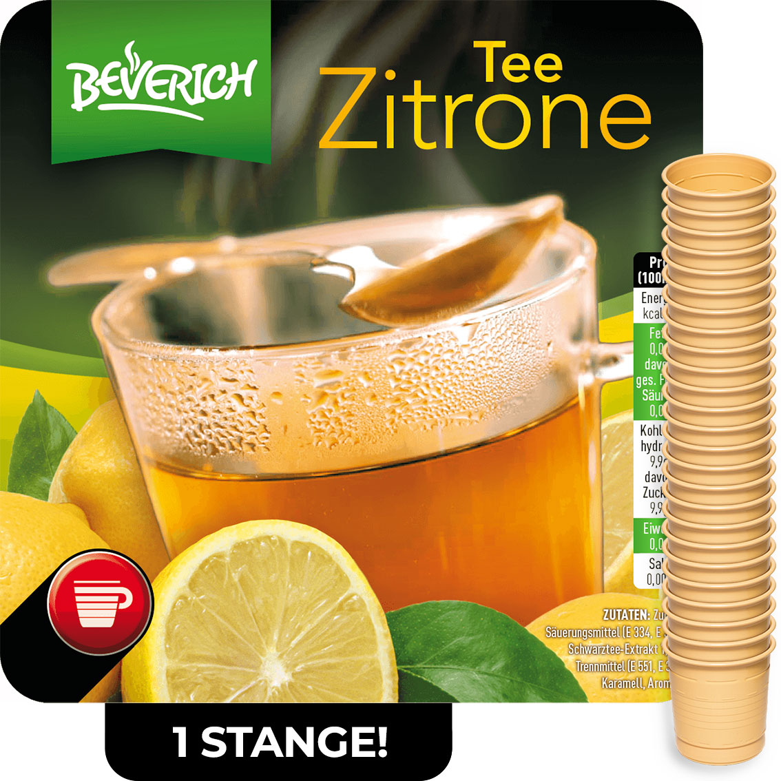 Das ist eine Stange, bestehend aus den InCup Bechern des Zitronentees unserer Marke, Beverich.