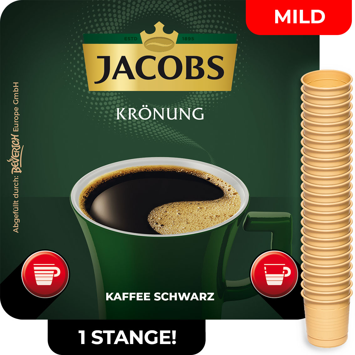 Das ist eine Stange, bestehend aus den InCup Bechern des milden Kaffees Jacobs Krönung schwarz.