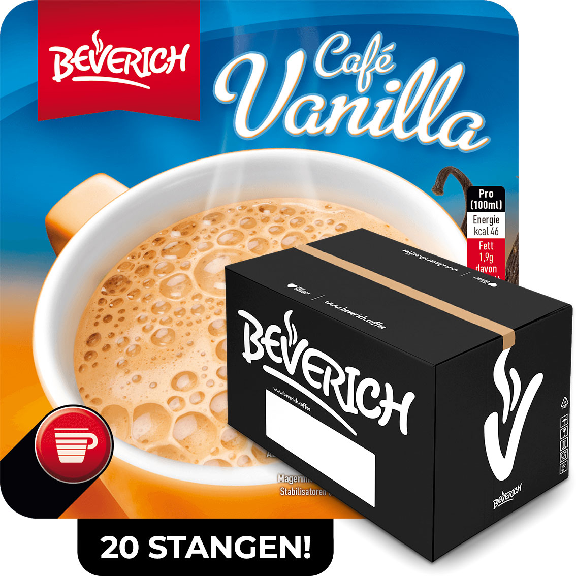 Das ist ein Karton, gefüllt mit InCup Bechern des Café Vanilla unserer Marke, Beverich.