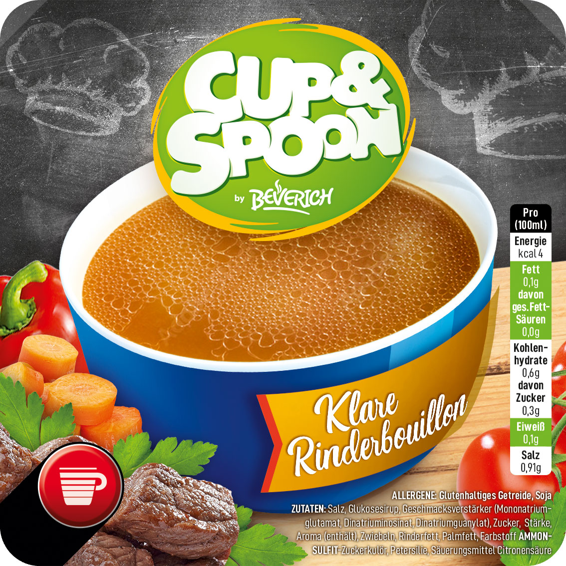 Das ist eine Schüssel, gefüllt mit der InCup Suppe Klare Rinderbouillon unserer Marke, Cup & Spoon.