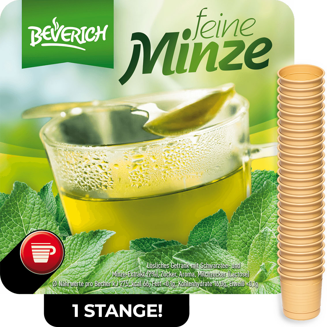 Das ist eine Stange, bestehend aus den InCup Bechern des Tees Feine Minze unserer Marke, Beverich.