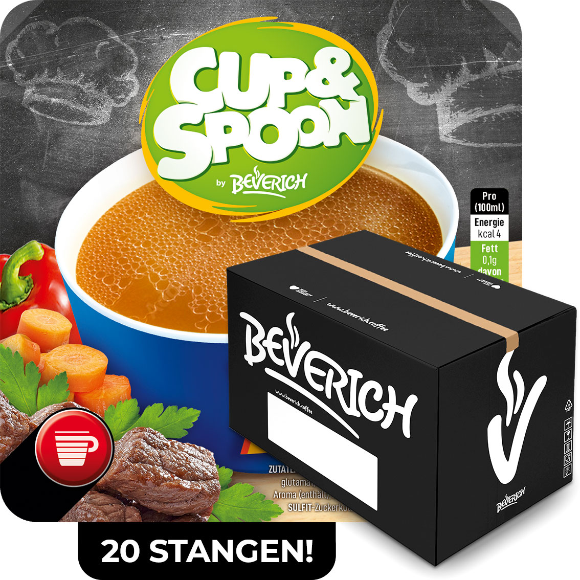 Das ist ein Karton, gefüllt mit InCup Bechern der Suppe Klare Rinderbouillon unserer Marke, Cup & Spoon.