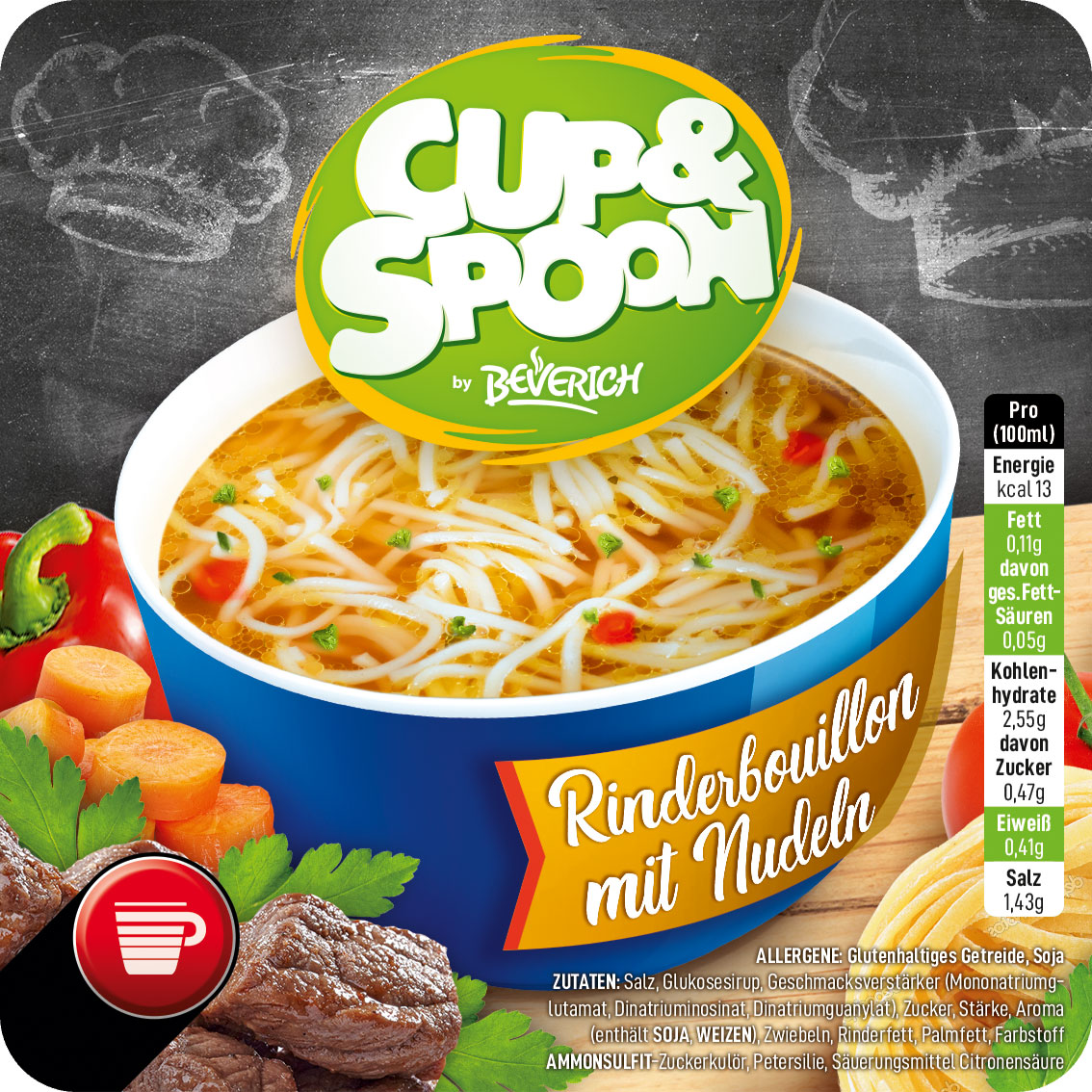 Das ist eine Schüssel, gefüllt mit der InCup Suppe Rinderbouillon mit Nudeln unserer Marke, Cup & Spoon.