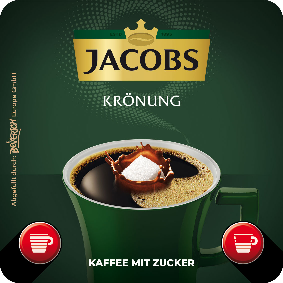 Das ist eine Tasse, gefüllt mit dem InCup Kaffee Jacobs Krönung mit Zucker.