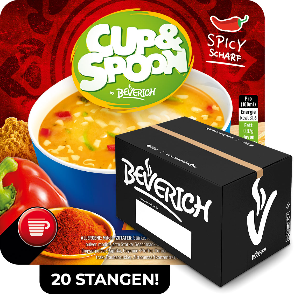 Das ist ein Karton, gefüllt mit InCup Bechern der scharfen Suppe Thai Curry unserer Marke, Cup & Spoon.