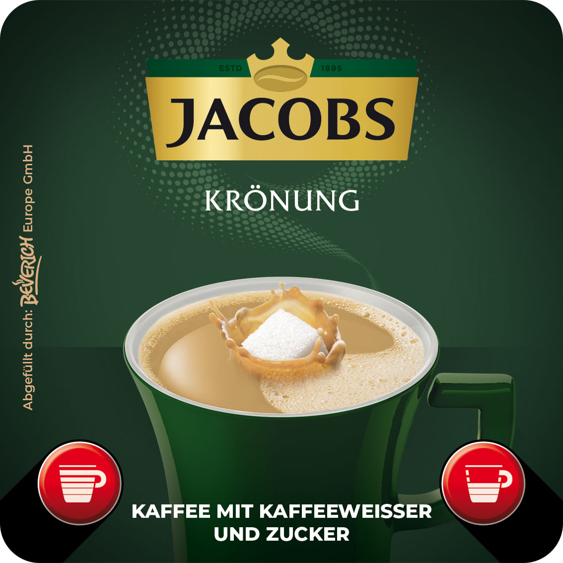 Das ist eine Tasse, gefüllt mit dem InCup Kaffee Jacobs Krönung weiß mit Zucker.