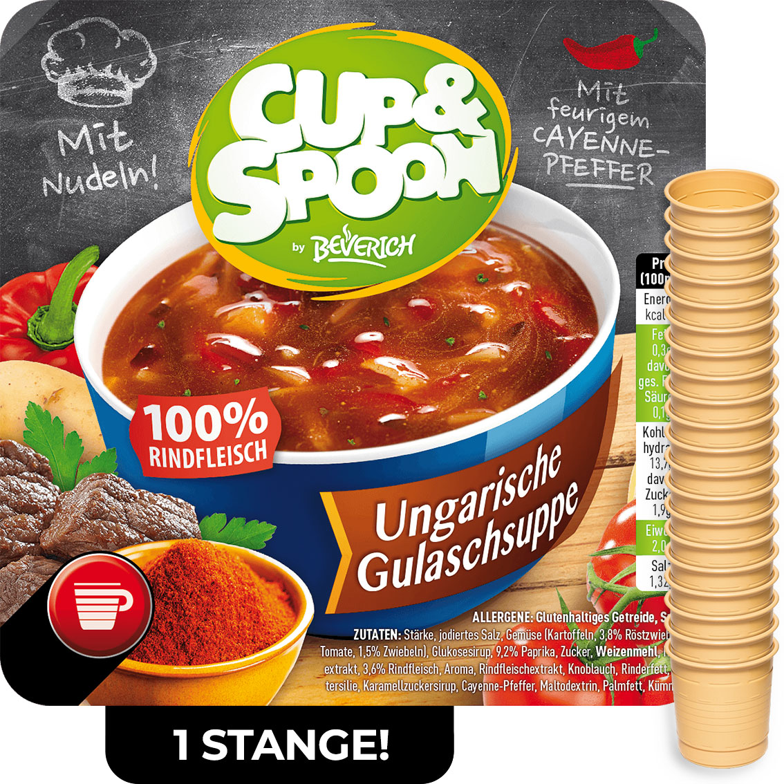 Das ist eine Stange, bestehend aus den InCup Bechern der Ungarischen Gulaschsuppe unserer Marke, Cup & Spoon.