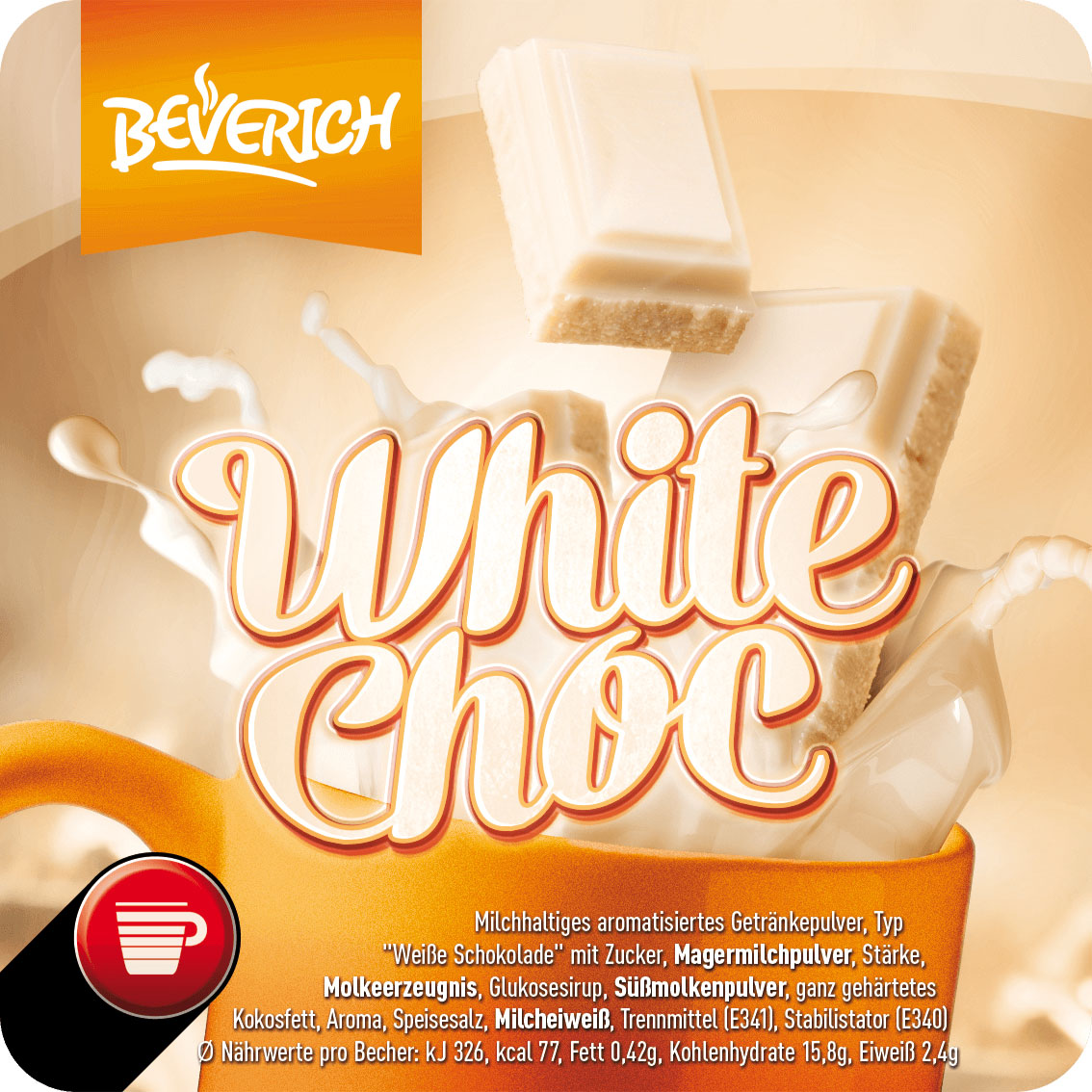 Das ist eine Tasse, gefüllt mit dem InCup Kakao White Choc unserer Marke, Beverich.