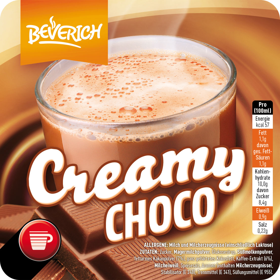 Das ist ein Glas, gefüllt mit dem InCup Kakao Creamy Choco unserer Marke, Beverich.