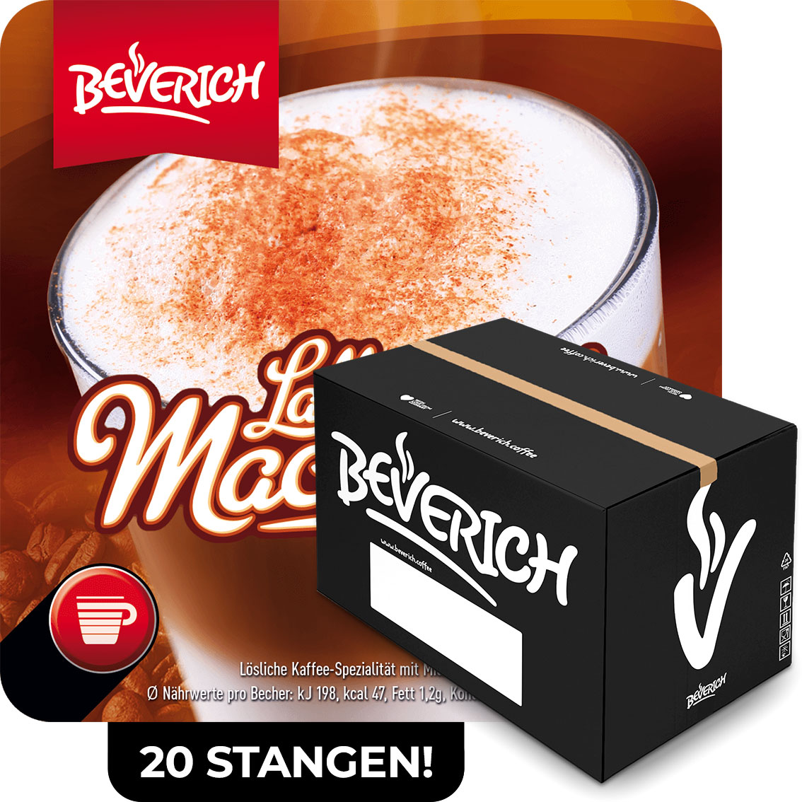 Das ist ein Karton, gefüllt mit InCup Bechern des Latte Macchiatos unserer Marke, Beverich.
