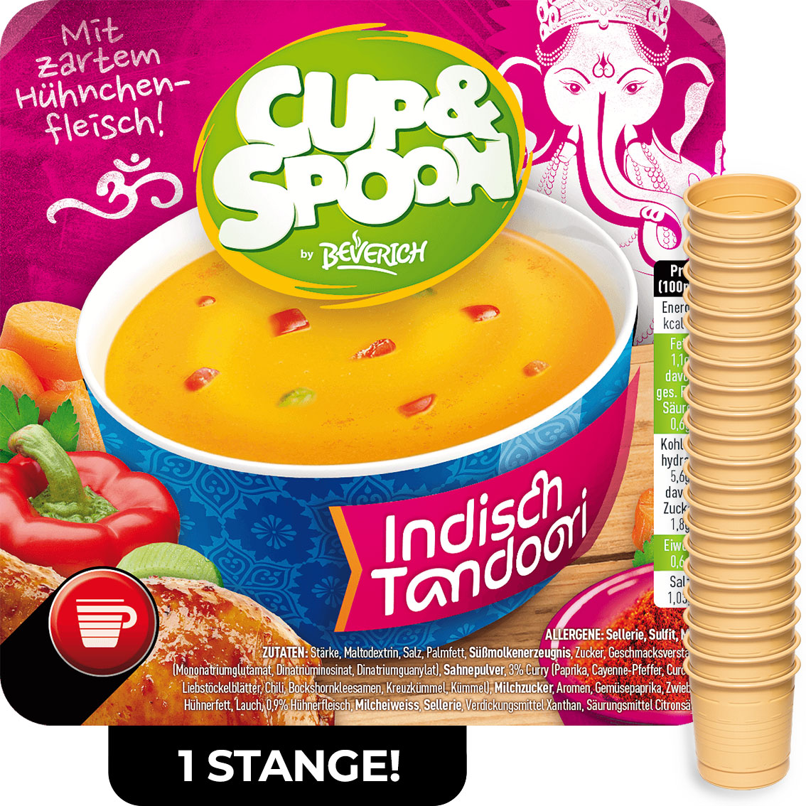 Das ist eine Stange, bestehend aus den InCup Bechern der Suppe Indisch Tandoori unserer Marke, Cup & Spoon.
