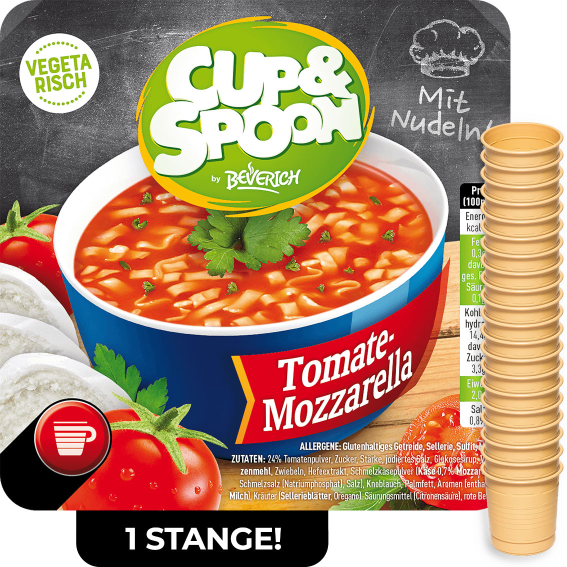 Das ist eine Stange, bestehend aus den InCup Bechern der vegetarischen Suppe Tomate-Mozzarella unserer Marke, Cup & Spoon.
