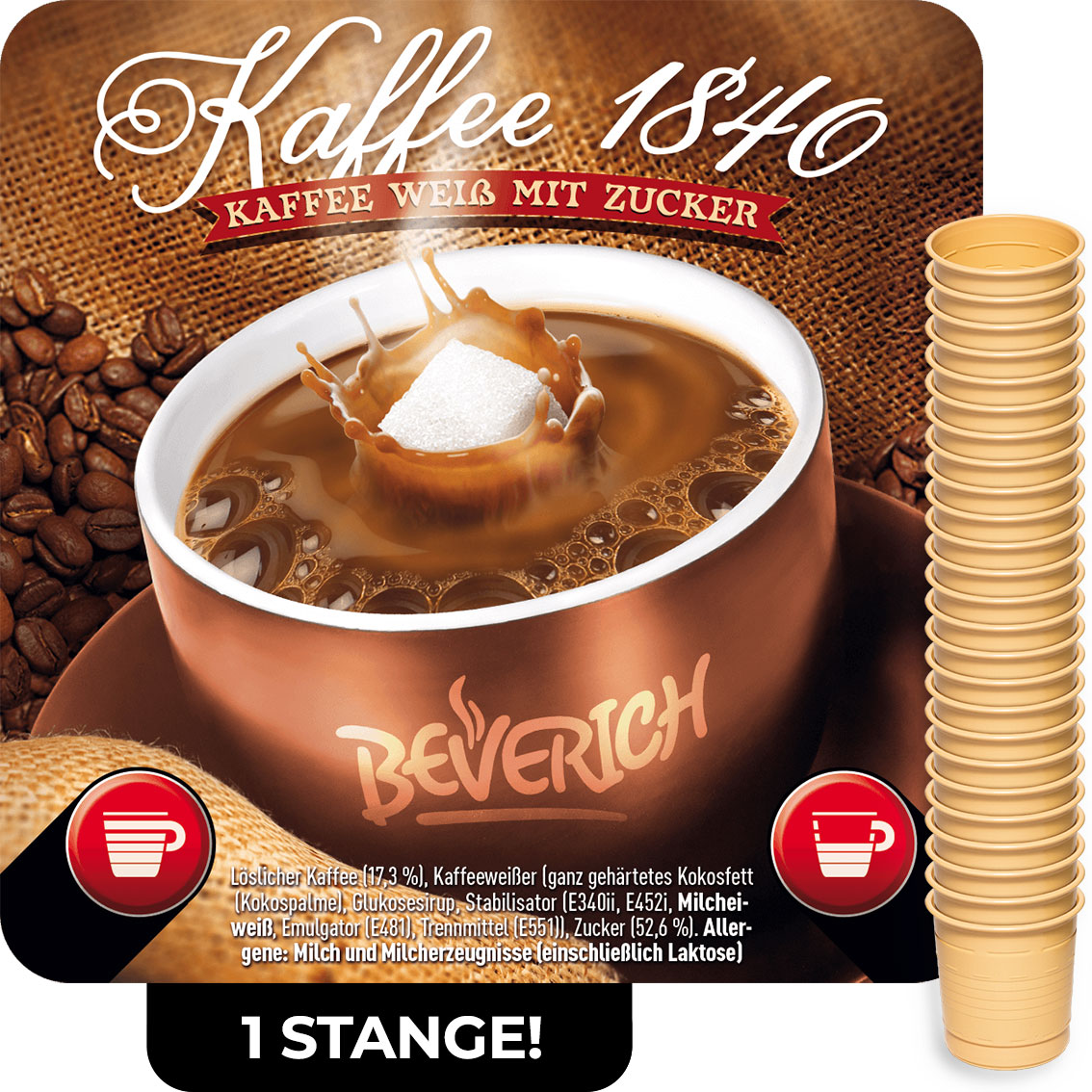 Das ist eine Stange, bestehend aus den InCup Bechern des Kaffees 1840 weiß mit Zucker, von unserer Marke Beverich.