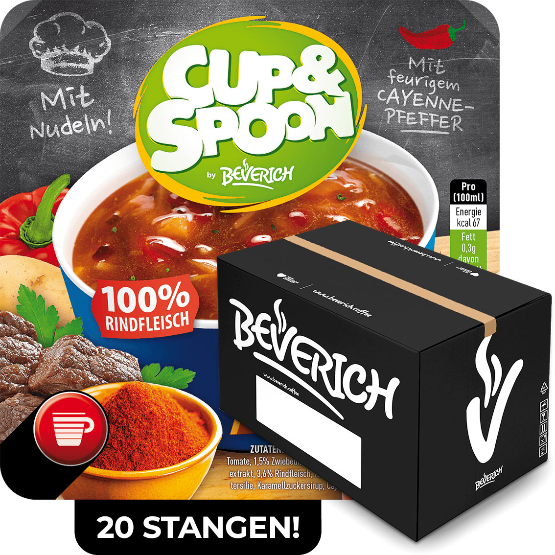 Das ist ein Karton, gefüllt mit InCup Bechern der Ungarischen Gulaschsuppe unserer Marke, Cup & Spoon.