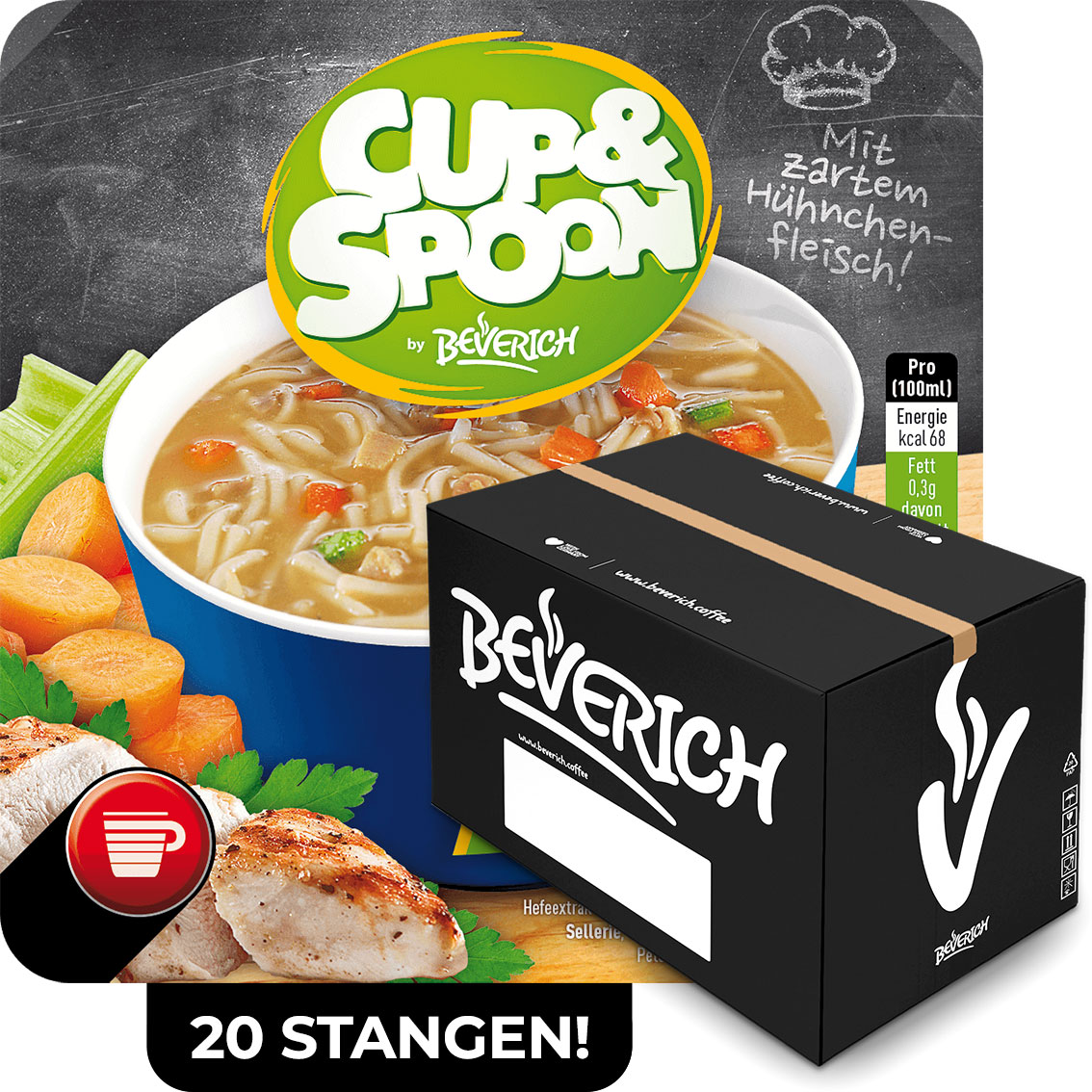 Das ist ein Karton, gefüllt mit InCup Bechern der Suppe Hühner-Nudel-Topf unserer Marke, Cup & Spoon.