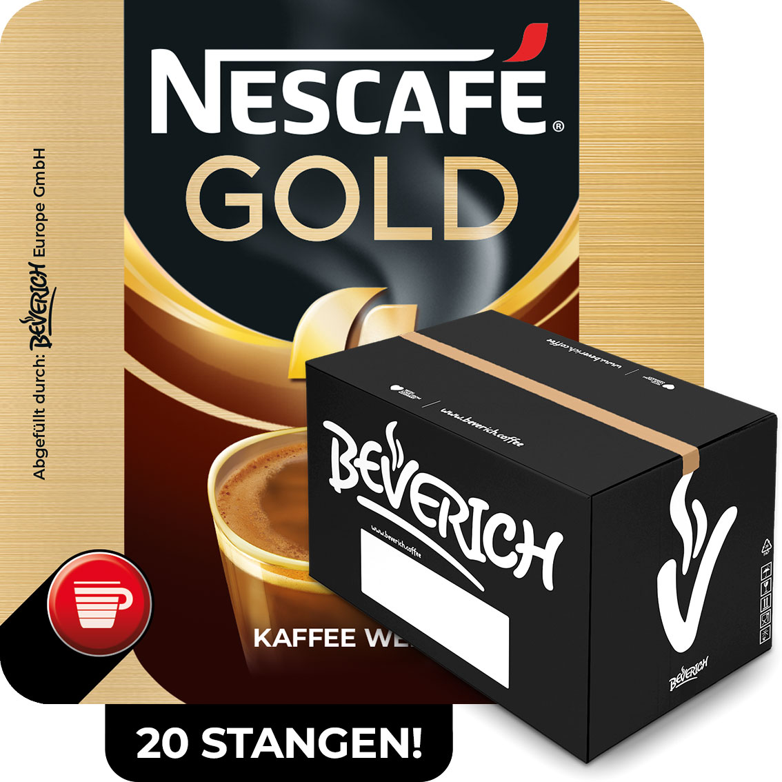 Das ist ein Karton, gefüllt mit InCup Bechern des Kaffees Nescafé Gold weiß.