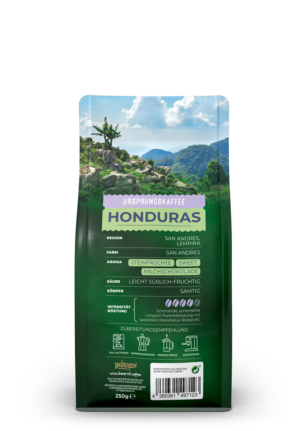 Das ist die Rückansicht einer 250 Gramm Tüte des Ursprungskaffees Honduras von Beverich, mit Hinweisen zur Verwendung und den Zutaten des Produkts.
