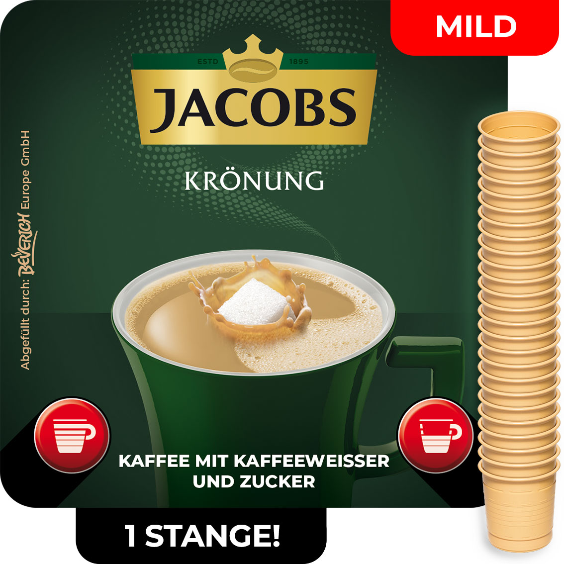 Das ist eine Stange, bestehend aus den InCup Bechern des milden Kaffees Jacobs Krönung weiß mit Zucker.