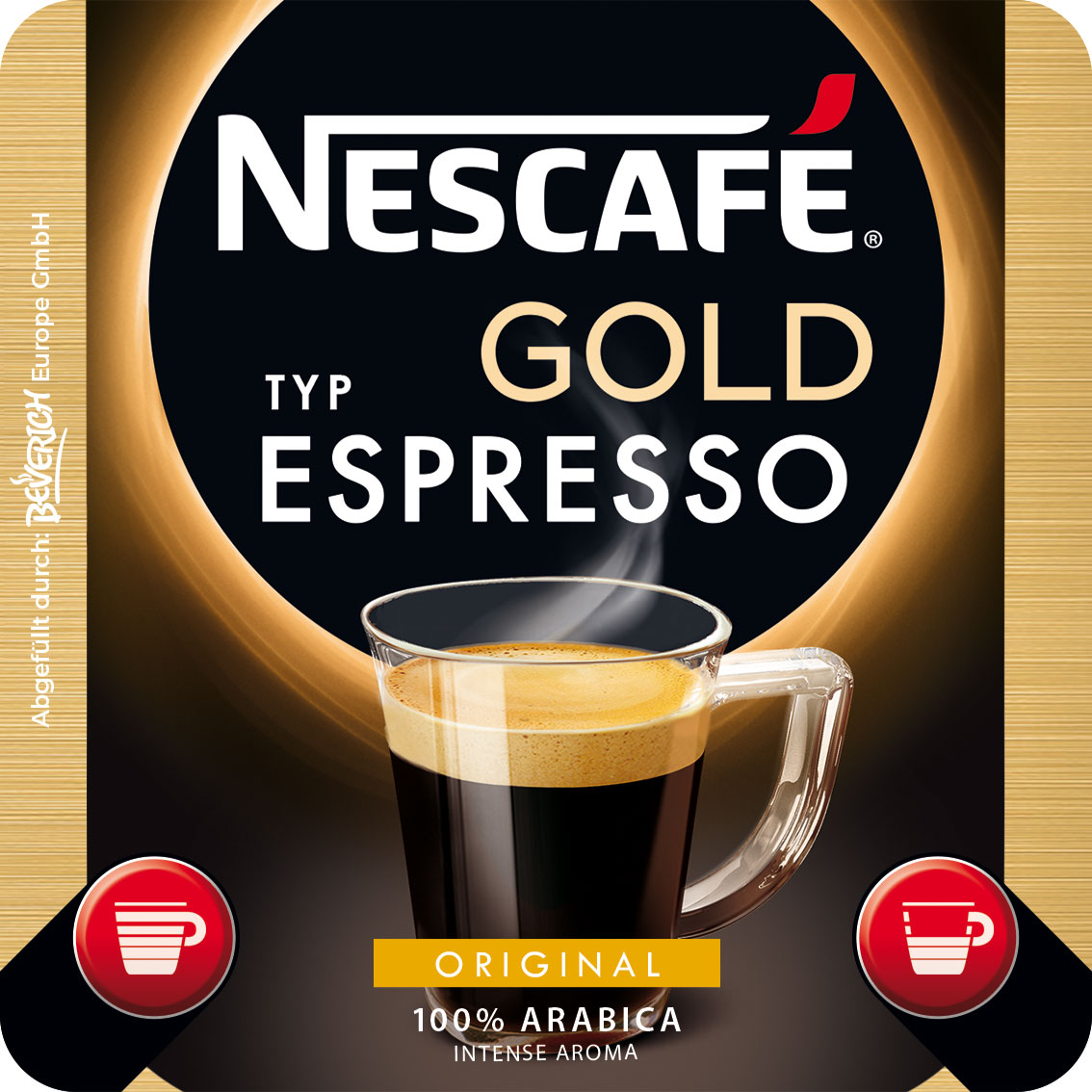 Das ist eine Tasse, gefüllt mit dem InCup Kaffee Nescafé Gold Typ Espresso mit Zucker.