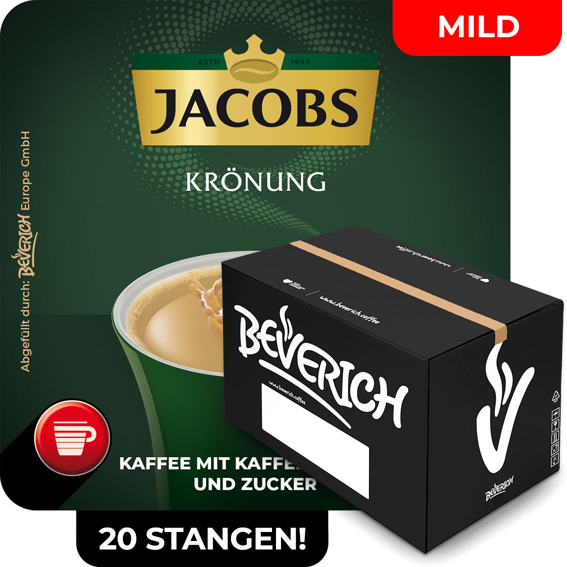 Das ist ein Karton, gefüllt mit InCup Bechern des milden Kaffees Jacobs Krönung weiß mit Zucker.