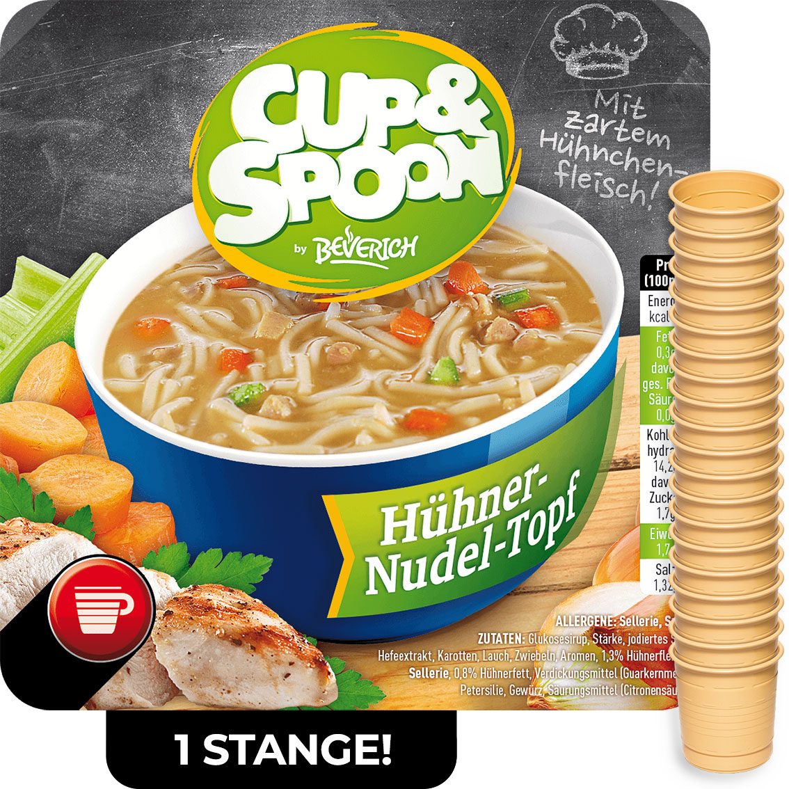 Das ist eine Stange, bestehend aus den InCup Bechern der Suppe Hühner-Nudel-Topf unserer Marke, Cup & Spoon.