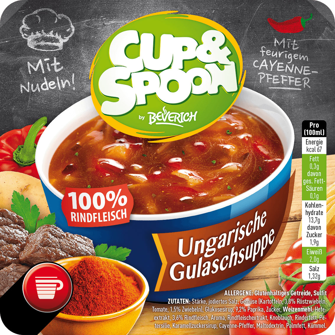 Das ist eine Schüssel, gefüllt mit der InCup Ungarischen Gulaschsuppe unserer Marke, Cup & Spoon.