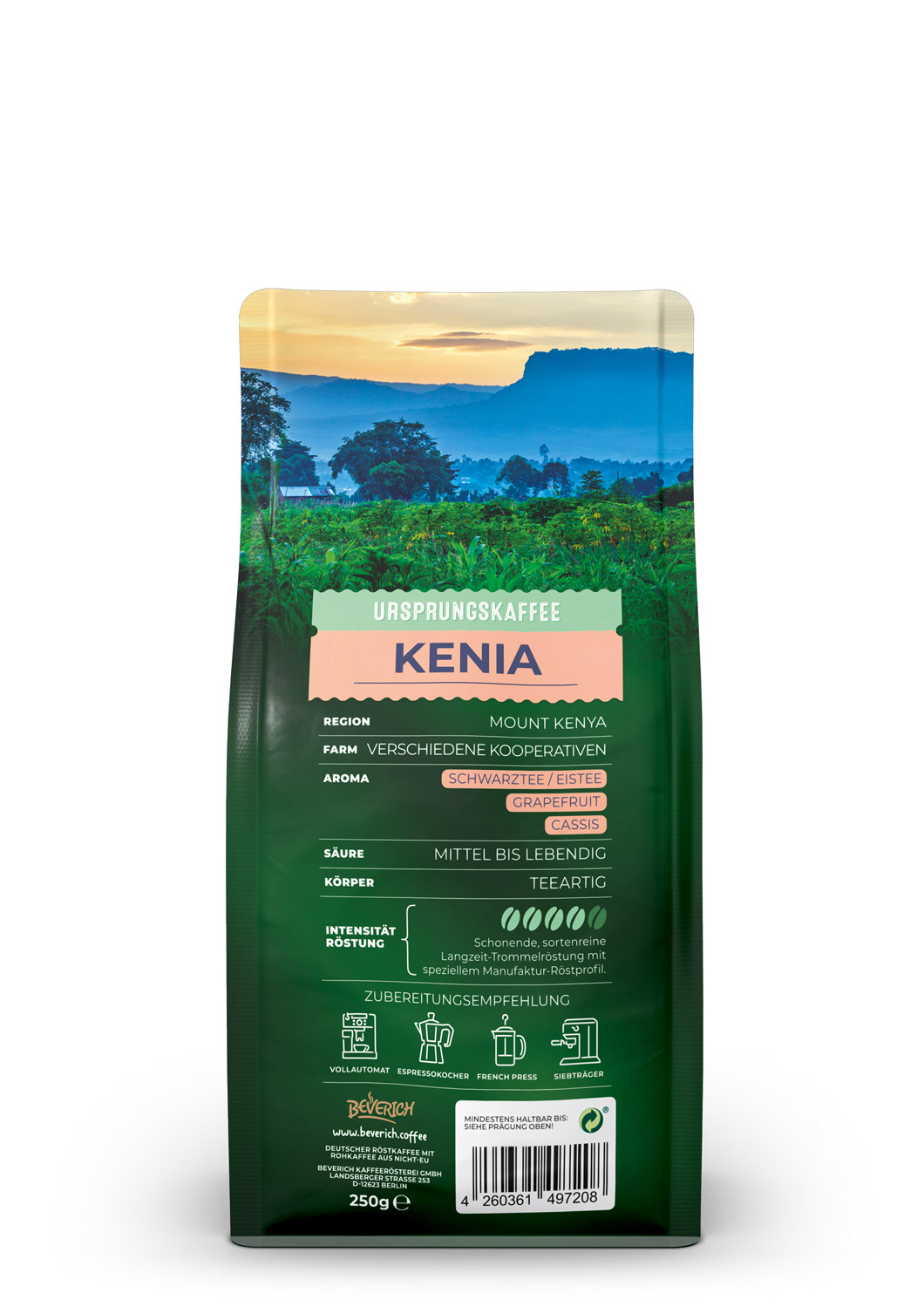 Das ist die Rückansicht einer 250 Gramm Tüte des Ursprungskaffees Kenia von Beverich, mit Hinweisen zur Verwendung und den Zutaten des Produkts.