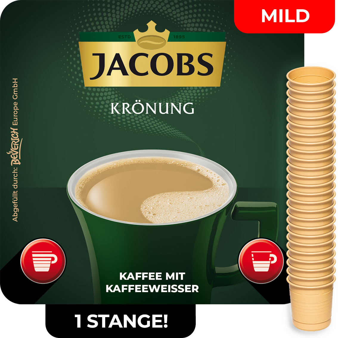 Das ist eine Stange, bestehend aus den InCup Bechern des milden Kaffees Jacobs Krönung weiß.