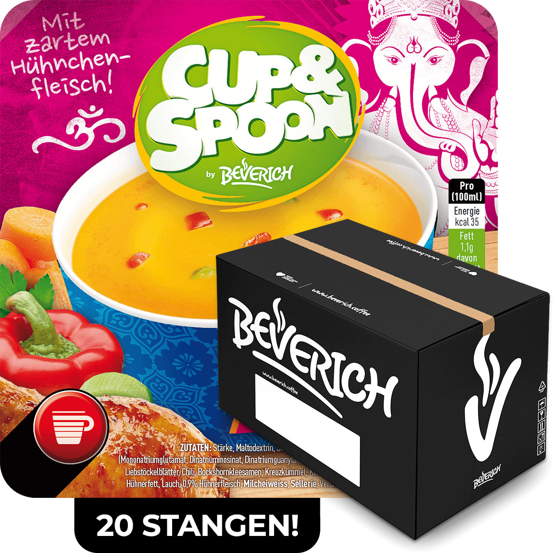 Das ist ein Karton, gefüllt mit InCup Bechern der Suppe Indisch Tandoori unserer Marke, Cup & Spoon.