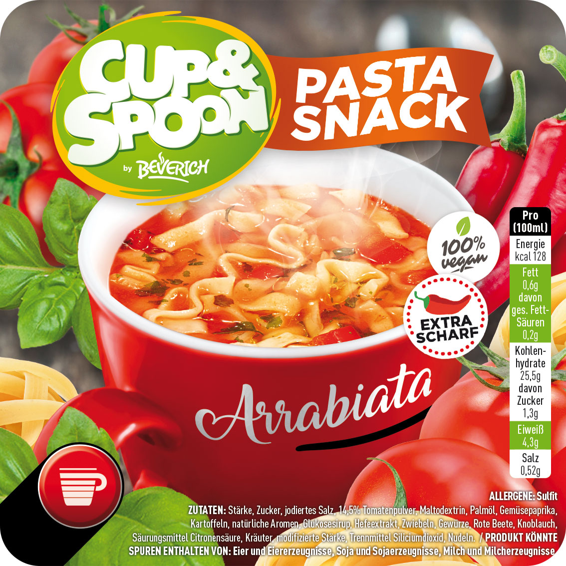 Das ist eine Tasse, gefüllt mit dem InCup Pasta Snack Arrabiata unserer Marke, Cup & Spoon.