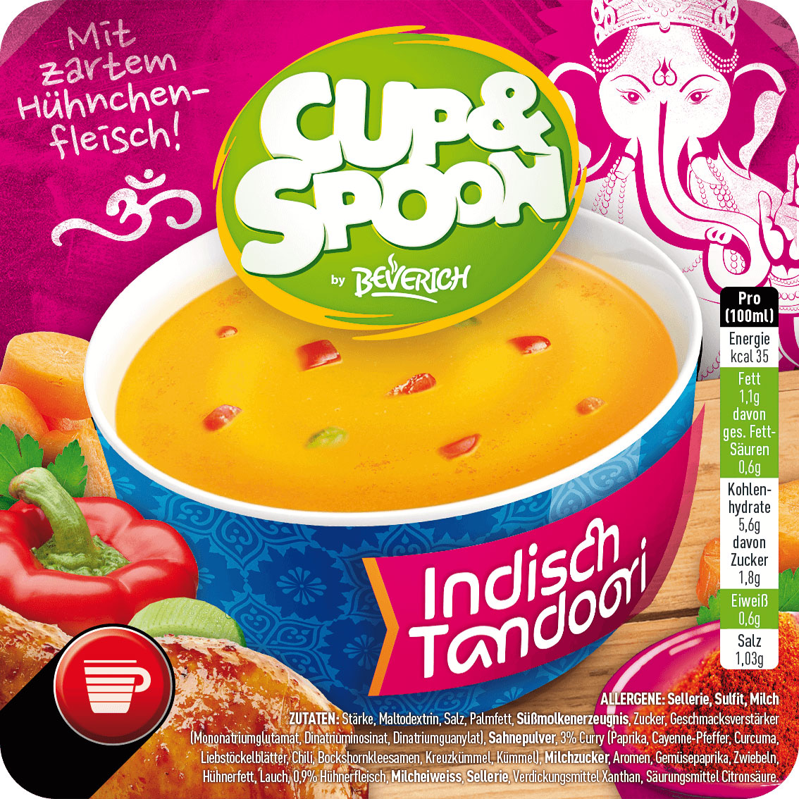Das ist eine Schüssel, gefüllt mit der InCup Suppe Indisch Tandoori unserer Marke, Cup & Spoon.
