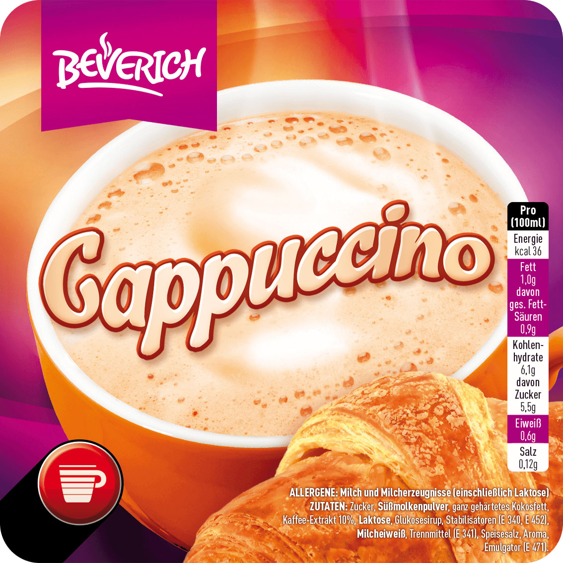 Das ist eine Tasse, gefüllt mit dem InCup Classic Cappuccino unserer Marke, Beverich.