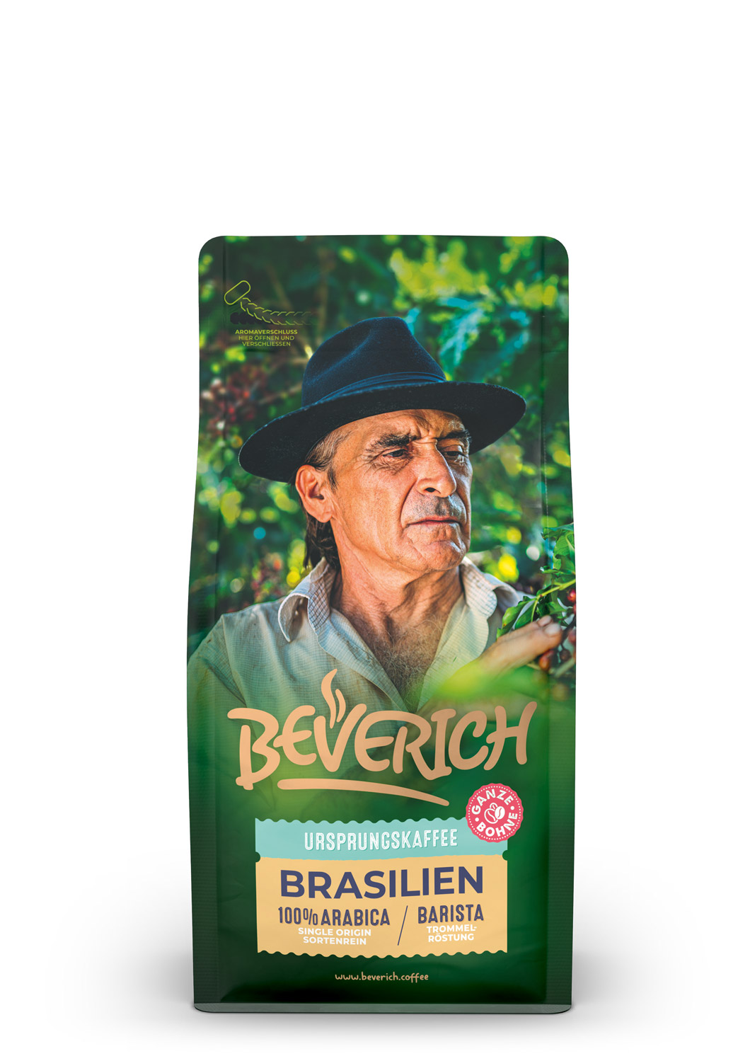 Das ist die Frontansicht einer 250 Gramm Tüte des Ursprungskaffees Brasilien von Beverich, auf der das Logo der Firma Beverich erkennbar ist.