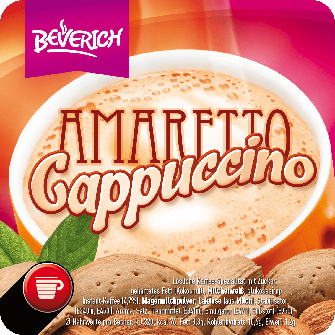 Das ist eine Tasse gefüllt mit dem InCup Amaretto Cappuccino unserer Marke, Beverich.