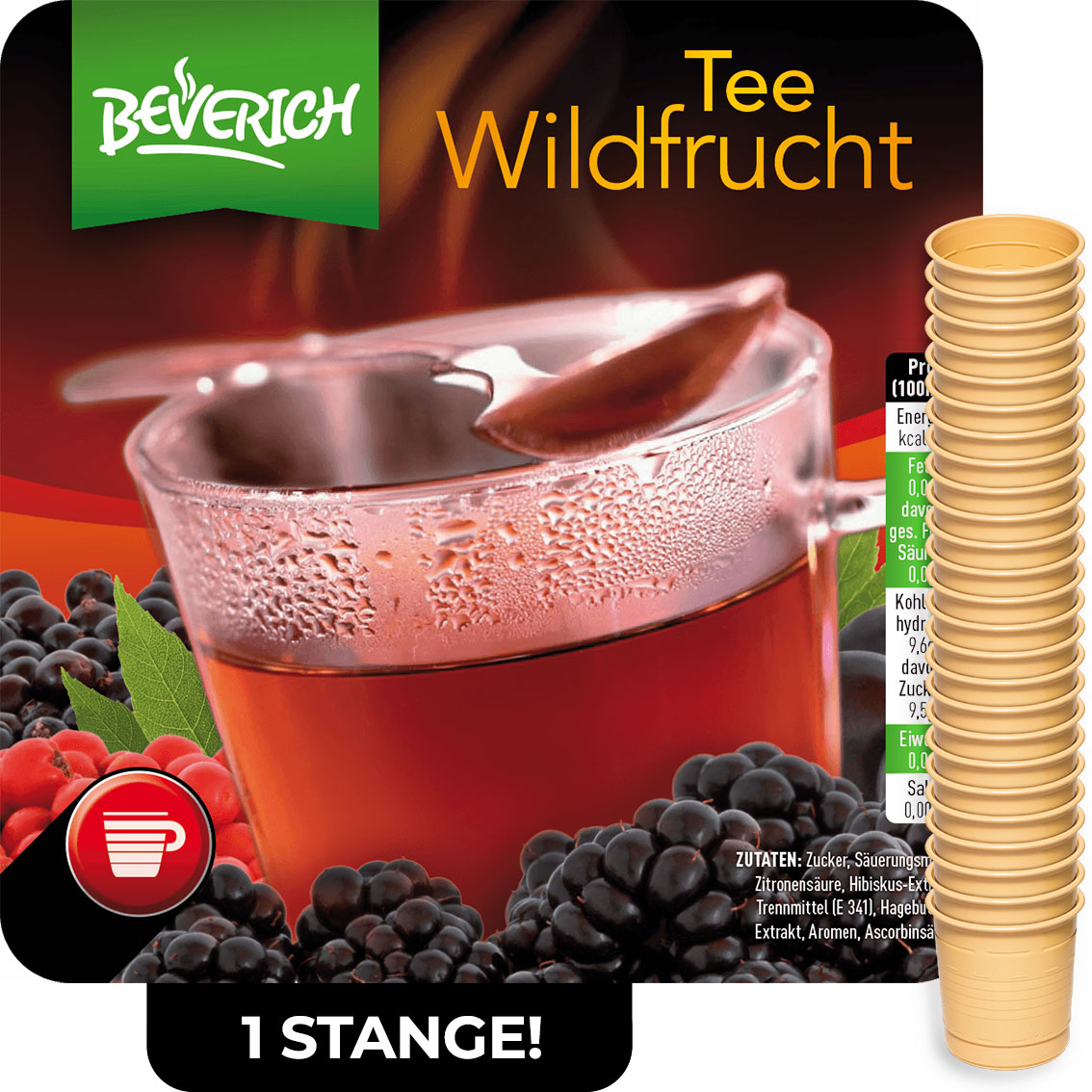 Das ist eine Stange, bestehend aus den InCup Bechern des Wildfruchttees Earl Grey unserer Marke, Beverich.