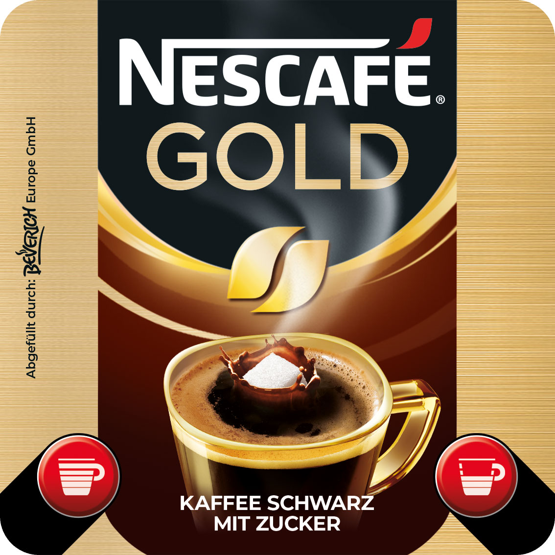 Das ist eine Tasse, gefüllt mit dem InCup Kaffee Nescafé Gold mit Zucker.