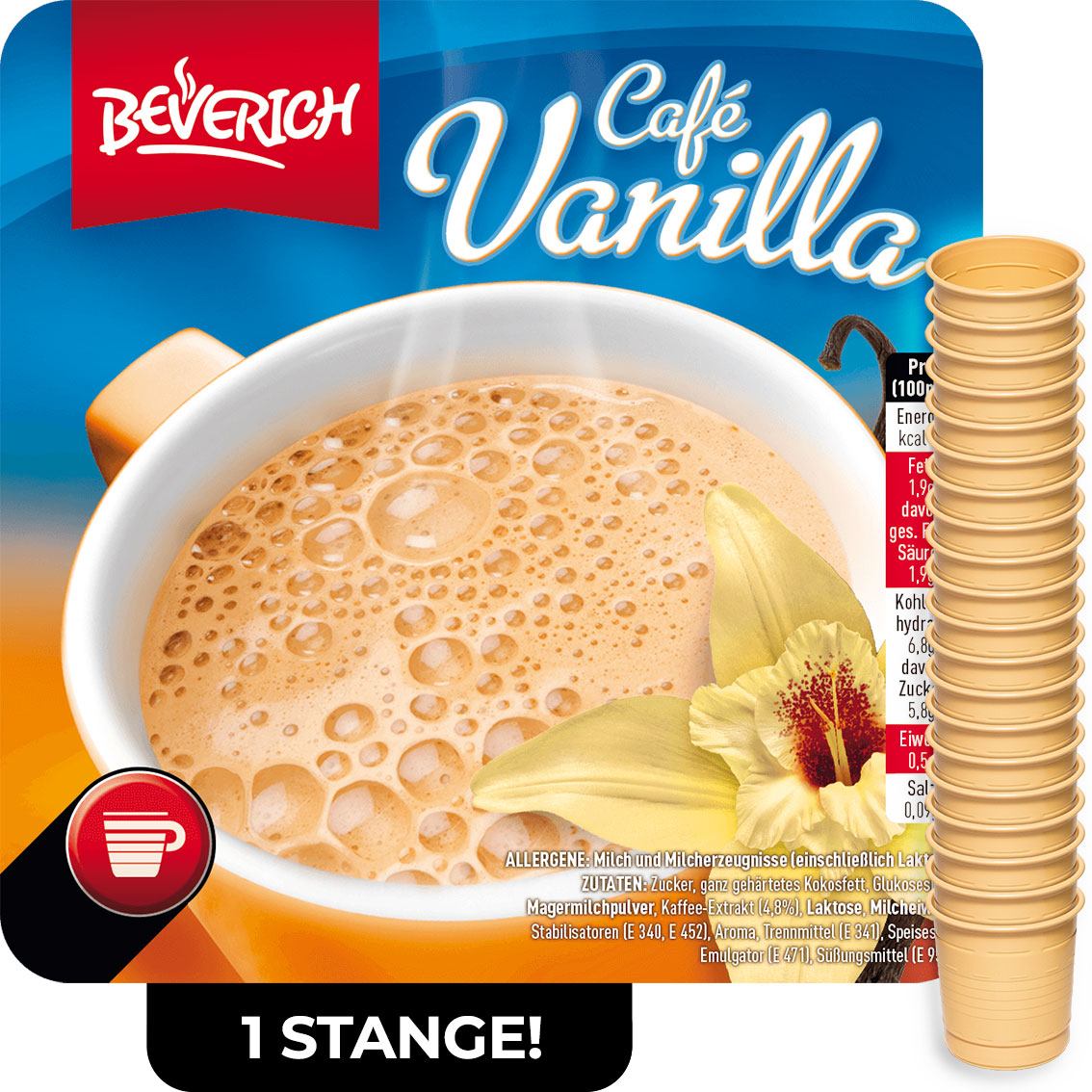 Das ist eine Stange, bestehend aus den InCup Bechern des Café Vanilla unserer Marke, Beverich.