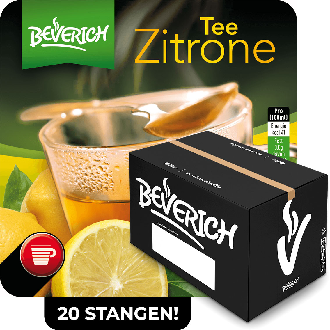 Das ist ein Karton, gefüllt mit InCup Bechern des Zitronentees unserer Marke, Beverich.