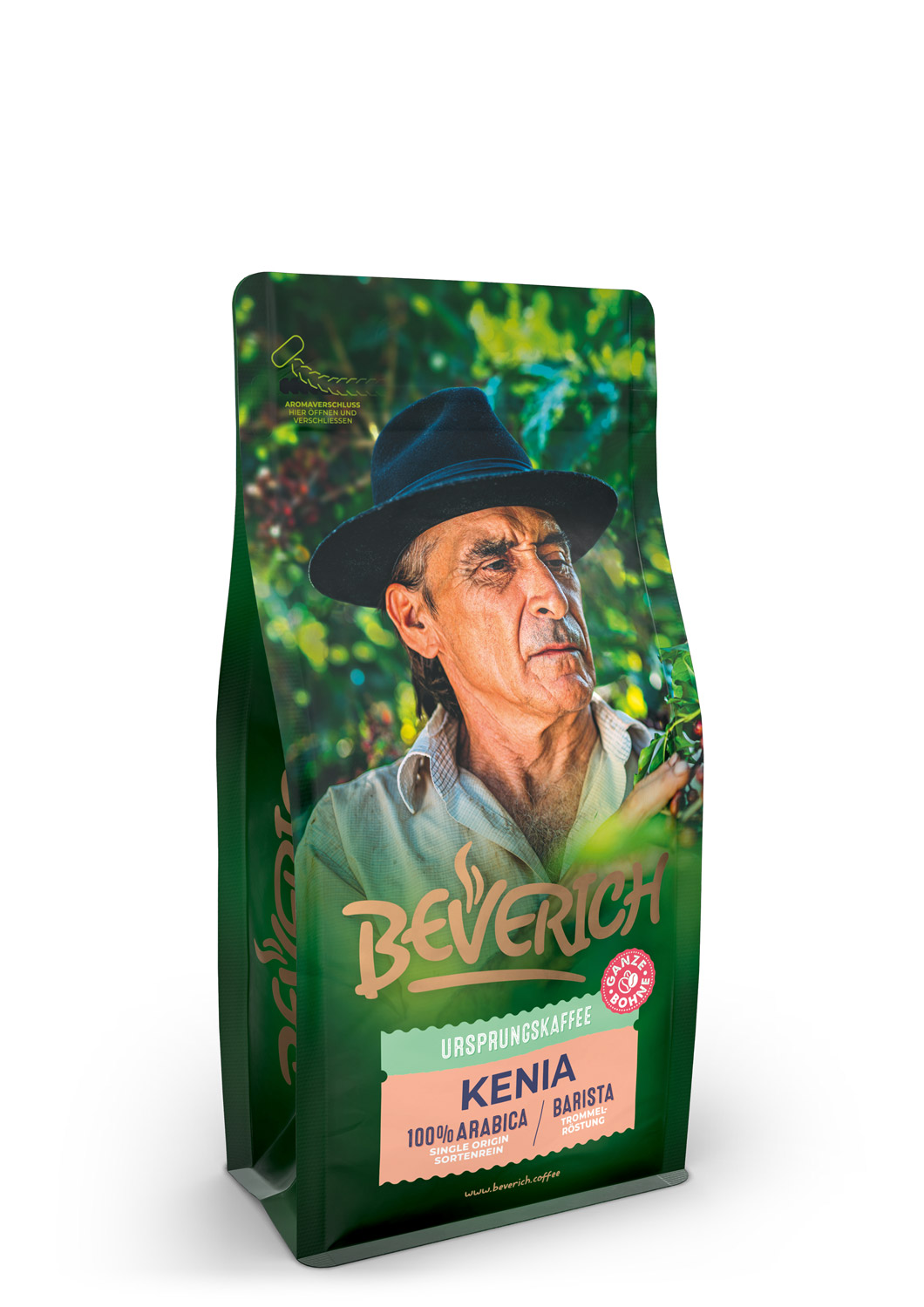 Das ist die Seitenansicht einer 250 Gramm Tüte des Ursprungskaffees Kenia von Beverich, auf der das Logo der Firma Beverich erkennbar ist.