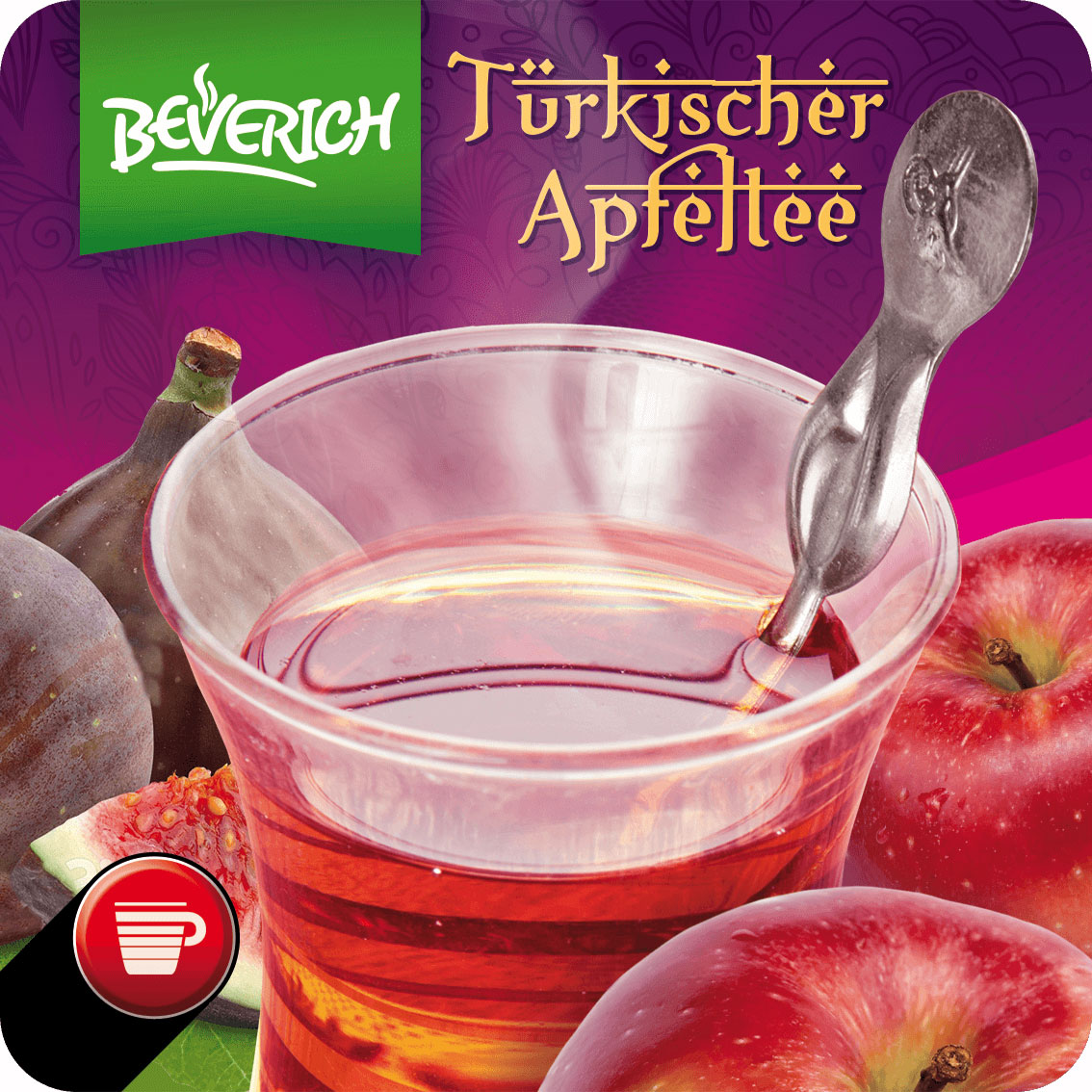 Das ist eine Tasse aus Glas, gefüllt mit dem InCup Tee Türkischer Apfeltee unserer Marke, Beverich.