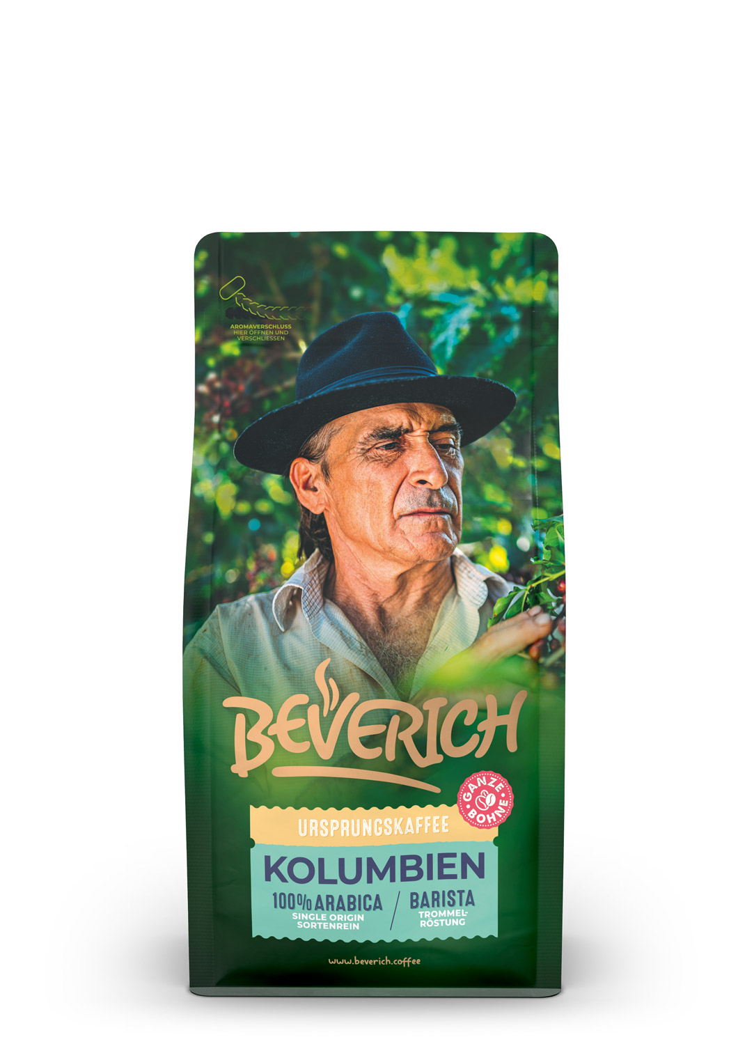 Das ist die Frontansicht einer 250 Gramm Tüte des Ursprungskaffees Kolumbien von Beverich, auf der das Logo der Firma Beverich erkennbar ist.