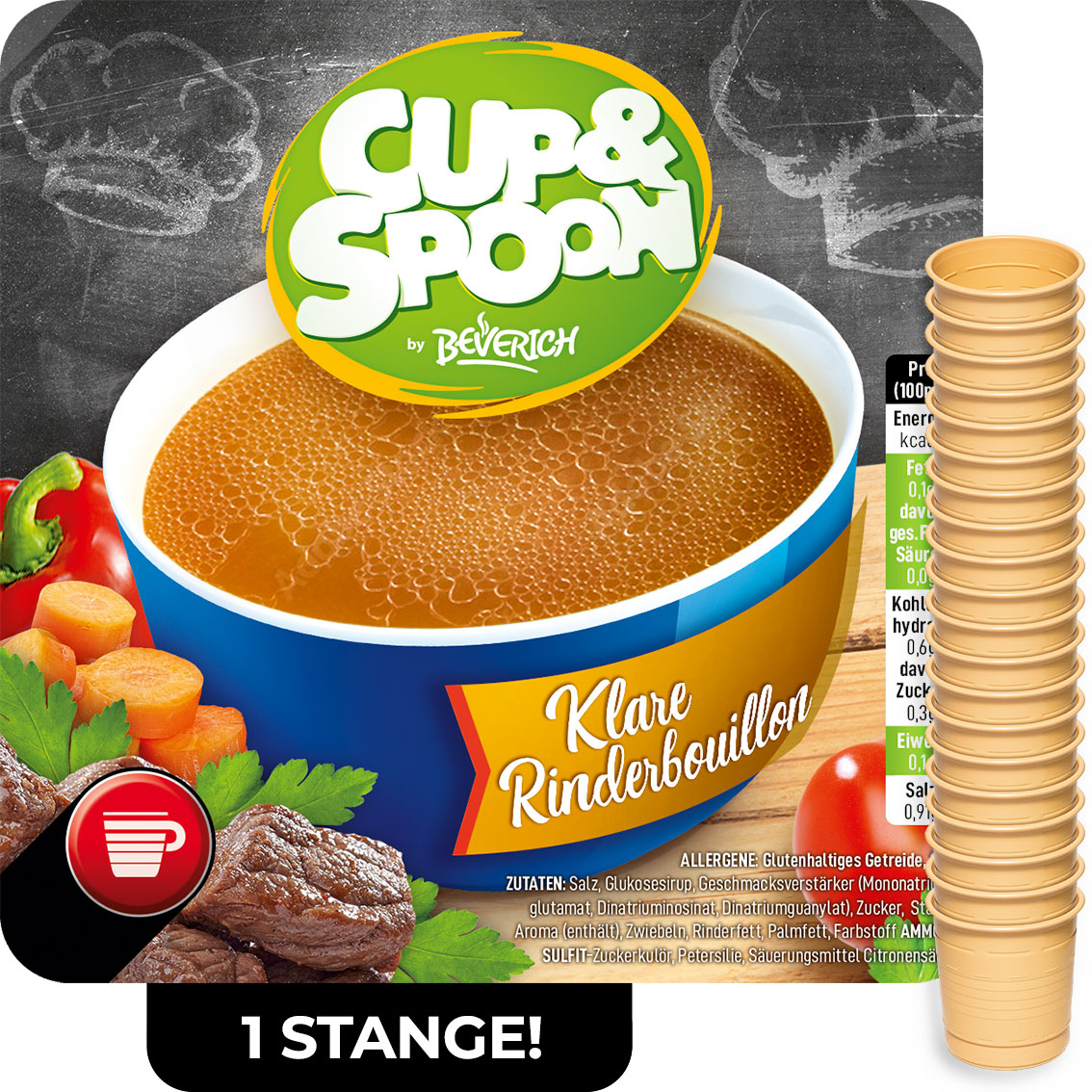 Das ist eine Stange, bestehend aus den InCup Bechern der Suppe Klare Rinderbouillon unserer Marke, Cup & Spoon.