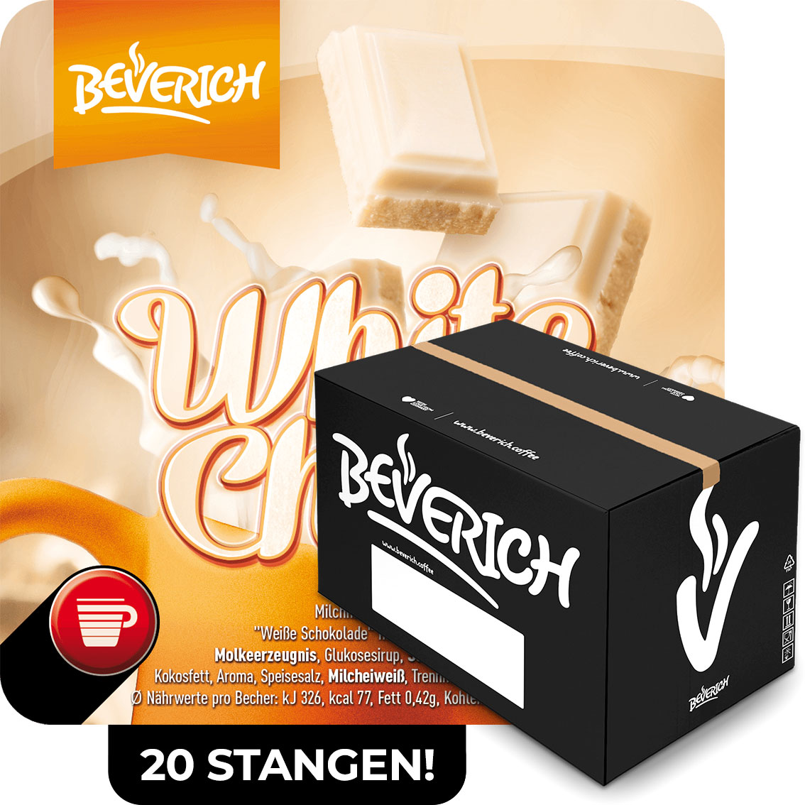 Das ist ein Karton, gefüllt mit InCup Bechern des Kakaos White Choc unserer Marke, Beverich.